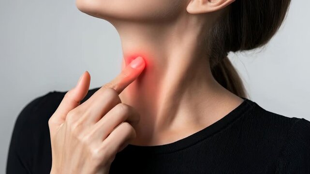 Close up of a woman touching her throat, highlighting a red irritated spot on the neck to symbolize sore throat, thyroid discomfort, or neck inflammation during a medical checkup