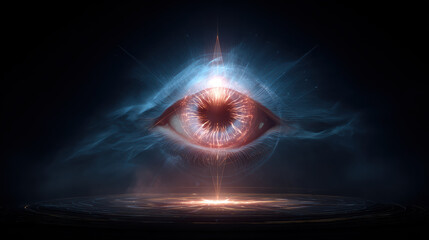 Mysterious abstract digital eye symbol of surveillance and security. all seeing eye floats in darkness, glowing with powerful light
