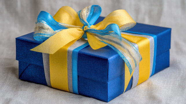 Celebratory blue gift box present with yellow ribbon bow. joyful gift for holiday, showing support and solidarity with Ukraine - Powered by Adobe