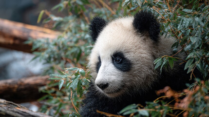 Fototapeta premium Curious cute panda bear, beautiful animal in nature, peeks through green bamboo wildlife. lovely portrait of shy young cub hiding