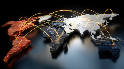 3D world map showing global network with glowing lines. An international business concept representing communication, trade routes and logistics