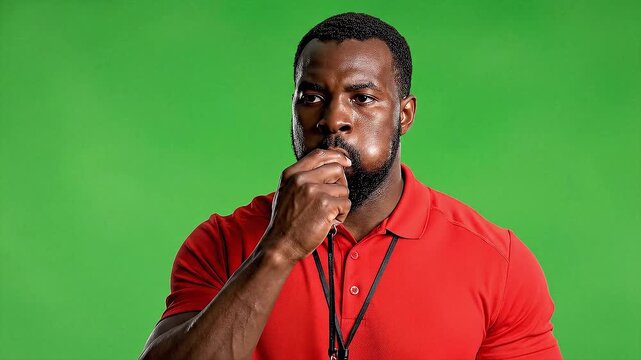 Coach in the center of the field, blowing the whistle to get the team&rsquo;s attention.