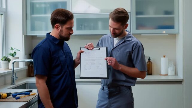 Plumber in uniform points to an estimate on a clipboard while discussing repair options with a male client in a modern kitchen during a home service consultation
