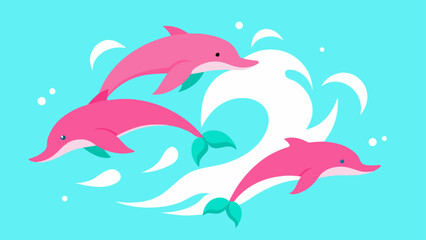 Three pink dolphins swimming in a blue ocean wave on transparent background