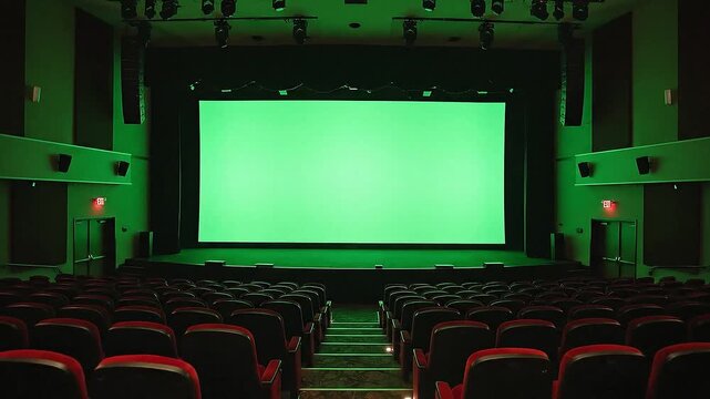 Interior of a cinema with empty seats and a large green screen for filming.