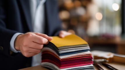 A hand flipping through a stack of colorful fabric swatches beside sewing tools — textile design workflow, fashion industry creativity, handmade craftsmanship, and small business production.