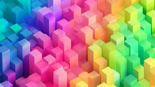Vibrant abstract composition of multicolored 3D cube blocks forming a flowing geometric landscape with rainbow gradients, depth, light reflections, and modern digital art appeal.