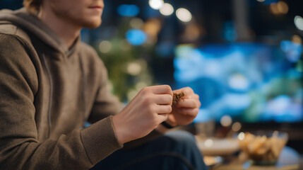 Close-up of hands seasoning food while the TV plays in the background — harmony between family, tradition, and excitement for game day. cinematic color correction, natural uneven lighting yet
