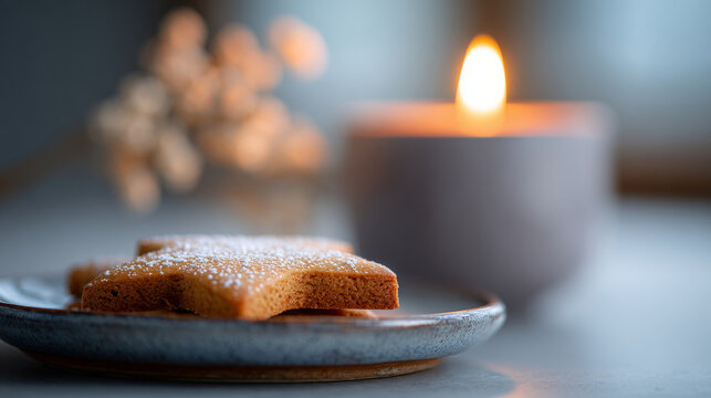 Close-up of star-shaped gingerbread cookies dusted with powdered sugar on a ceramic plate with a lit candle and blurred background