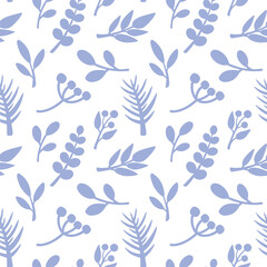 Seamless botanical pattern with soft blue leaf silhouettes. Delicate branches and berries create a light, modern decorative design. Ideal for fabric, packaging, and elegant surface prints.