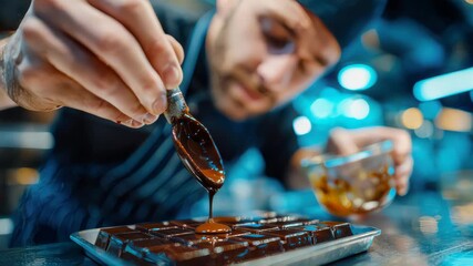 Professional chef pouring warm melted chocolate over prepared dessert pieces in a kitchen setting