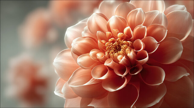 Close-up of a beautiful peach dahlia flower in full bloom. This stunning dahlia showcases delicate petals and intricate details, perfect for various creative projects