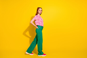 Fototapeta premium Bright fashion portrait of a young woman in checkered pink shirt and green pants against a yellow background