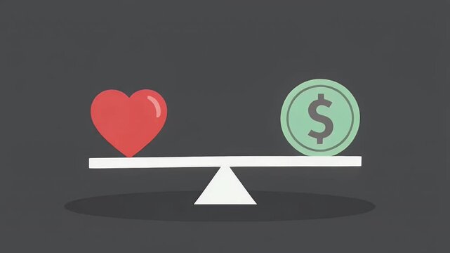 Conceptual illustration of a heart and a dollar coin on an unbalanced scale