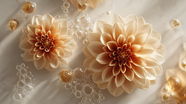 Elegant dahlia flowers with bubbles, perfect for beauty and spa advertising. This stunning floral arrangement features delicate dahlias and bubbles, ideal for greeting cards and advertising campaigns