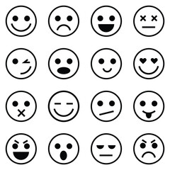 Expressive Emoticons & Minimalist Emoji Icons Set – Linear Outline Faces Showing Smiley, Sad, Angry, Surprised, Crying, Heart Eyes, Wink, and Confused Expressions