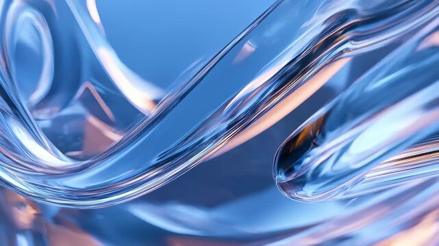 Abstract close-up of smooth metallic blue ribbons curling and weaving with reflective surfaces, creating dynamic light and shadow patterns ideal for technology, design, branding