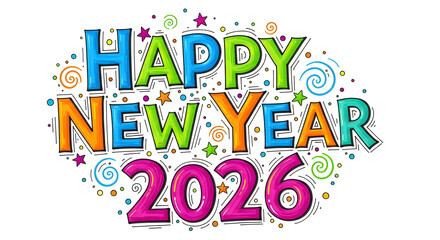 Happy New Year 2026 colorful lettering festive holiday greeting card design vector illustration isolated on white background