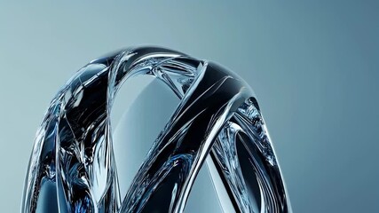 Abstract close up of intertwined metallic loops with chrome texture and reflective surfaces in cool blue tones, macro art sculpture conveying futuristic design and engineering