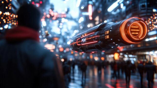 A vibrant futuristic cityscape filled with neon lights, showcasing a hovering spaceship above a busy street, blending technology and human interactions in urban life.