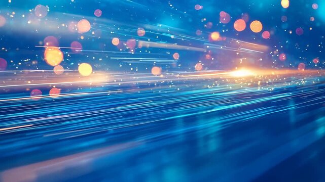 Abstract long exposure of neon light trails and soft bokeh orbs over a dynamic cityscape at night, conveying speed, innovation, digital connectivity, and luminous motion