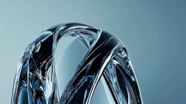 Abstract close up of intertwined metallic loops with chrome texture and reflective surfaces in cool blue tones, macro art sculpture conveying futuristic design and engineering