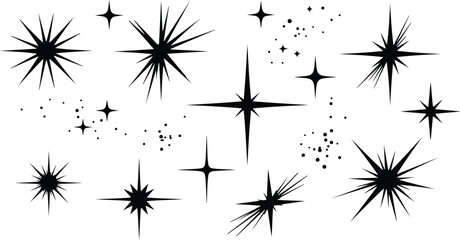 Collection of abstract black stars shining brightly overhead
