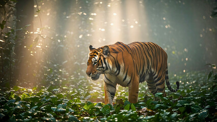 Stunning bengal tiger prowling through lush jungle foliage, bathed in ethereal sunlight, a symbol of power, grace, and the beauty of endangered wildlife