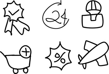 A playful collection of doodle-style icons featuring discounts, fast delivery, secure packaging, add-to-cart actions, and travel themes, capturing modern shopping energy.