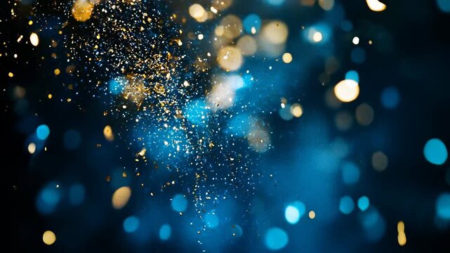 Dreamy abstract light particles shimmer in warm gold and cool blue bokeh, creating a festive, magical atmosphere ideal for celebrations, events, technology visuals, and campaigns