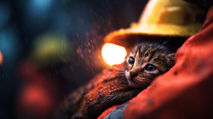 Rescued kitten being held in warm embrace, showcasing compassion and care during rainy moment