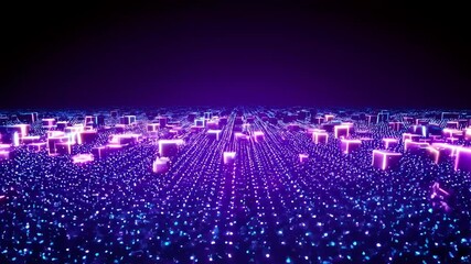 Futuristic digital landscape with a vast neon grid of glowing purple and blue cubes rising into a dark horizon, conveying advanced technology, virtual reality, and data flow - Powered by Adobe