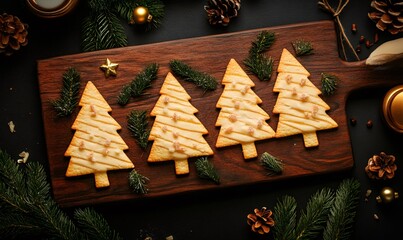 Christmas tree shaped cookies on a dark wooden board, decorated with icing and sprinkles, surrounded by pine branches and pine cones