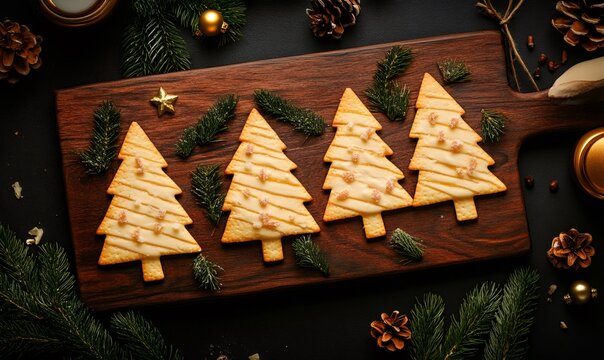 Christmas tree shaped cookies on a dark wooden board, decorated with icing and sprinkles, surrounded by pine branches and pine cones - Powered by Adobe