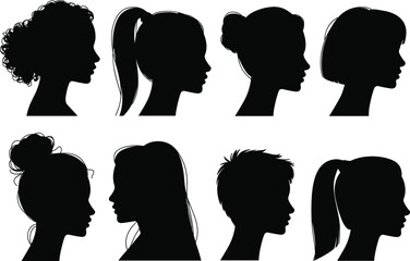 Woman head profile silhouette vector set, female face side view with various hairstyles like ponytail and bun, beauty logo collection