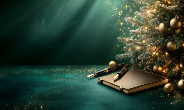 Holiday background with festive christmas tree, notebook, and fountain pens. Celebrating and reflecting for the new year