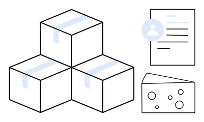 Three stacked boxes with taped tops, a profile document, and a slice of cheese with holes. Ideal for logistics, supply chain, packaging, shipping, inventory food delivery and e-commerce. Simple