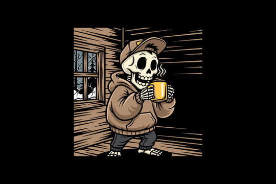 Skeleton character holding a warm mug of coffee outside a wooden