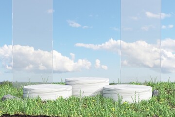 Marble Podium Circular Leafs Plants for Product Presentation