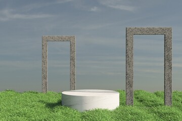 Marble Podium Circular Leafs Plants for Product Presentation