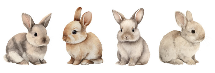 Watercolor set of cute brown rabbits. Watercolor bunny rabbits on an isolated background. Easter symbols. Pets. Vector illustration.