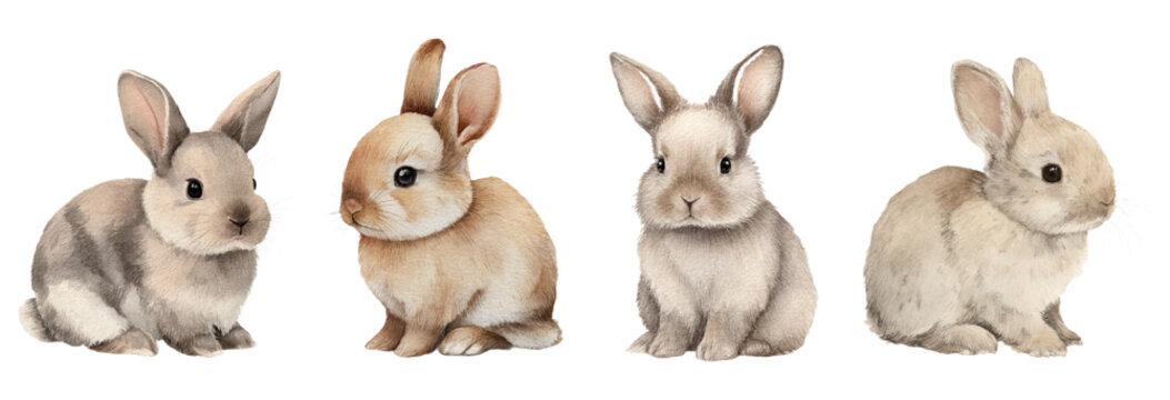 Watercolor set of cute brown rabbits. Watercolor bunny rabbits on an isolated background. Easter symbols. Pets. Vector illustration.