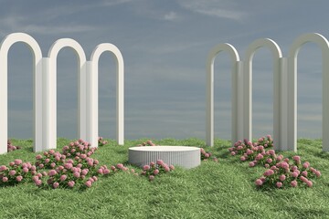 Marble Podium Circular Leafs Plants for Product Presentation