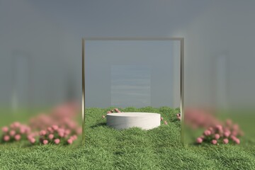 Marble Podium Circular Leafs Plants for Product Presentation