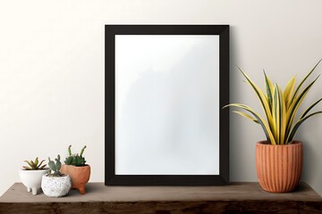 Empty black picture frame on a wooden shelf with various potted green plants and succulents in a bright clean room setting