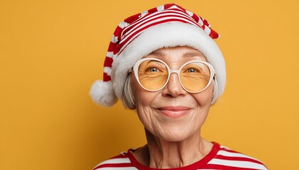 Cheerful senior woman wearing festive holiday headwear and stylish tinted spectacles smiles against a warm background
