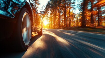 Dynamic Driving Shot from Car Hood Approaching Green Forest Road