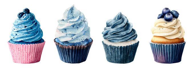 Watercolor set of blueberry cupcakes. Cupcakes decorated with cream topping with blueberries. Blueberry sweets with cream and sponge cake. Vector illustration.