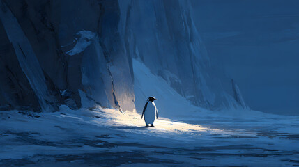 Solitary Penguin Glowing on an Icy Cliff – Stunning Arctic Wildlife & Frozen Landscape Photography