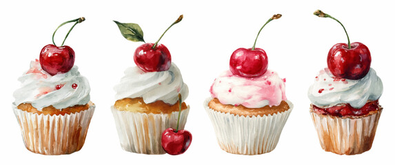 Collection of watercolor cakes with whipped cream and cherries. Cupcakes decorated with cream topping and decorated with cherries. Romantic desserts.